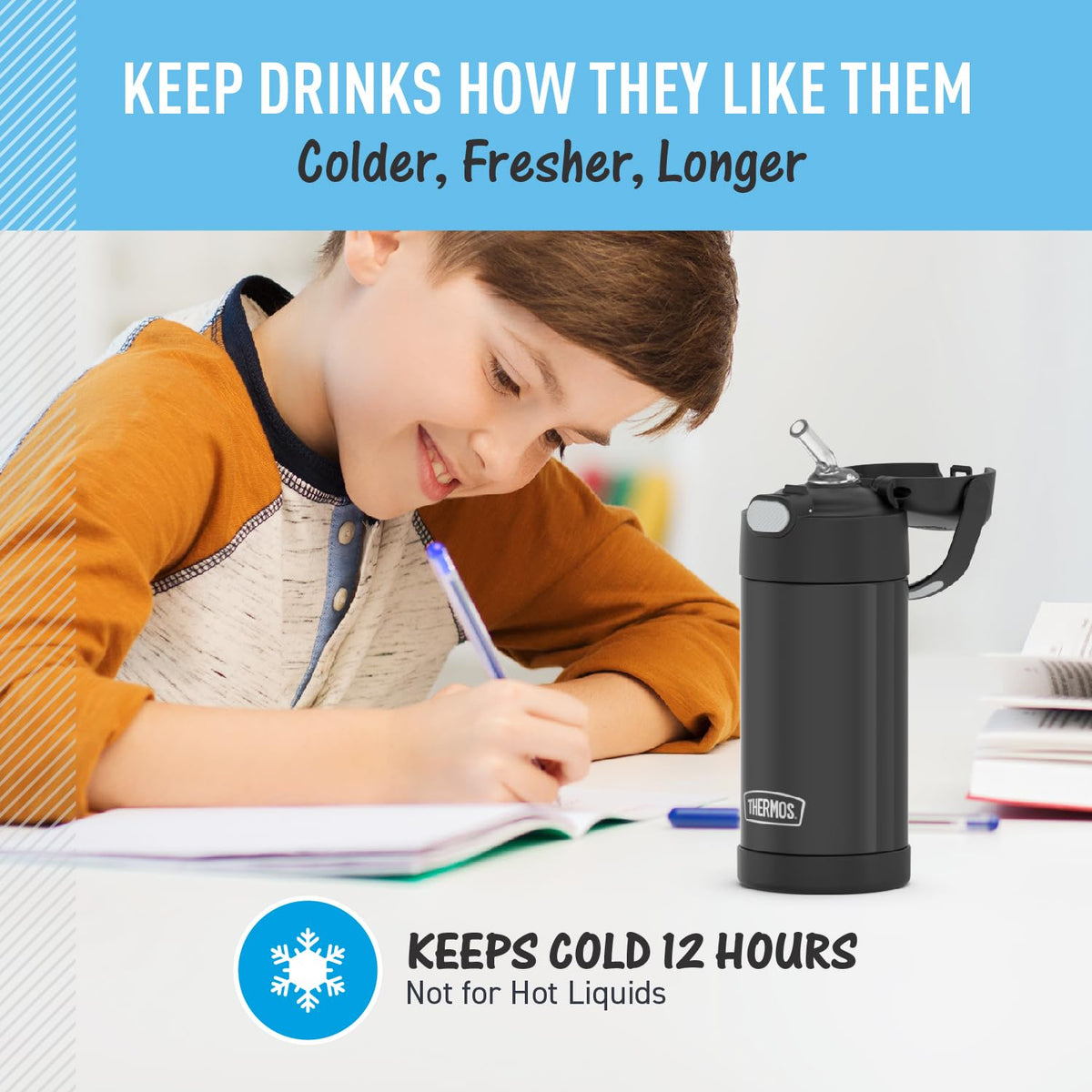 Thermos FUNtainer durable stainless steel body, resistant to drops and daily wear.