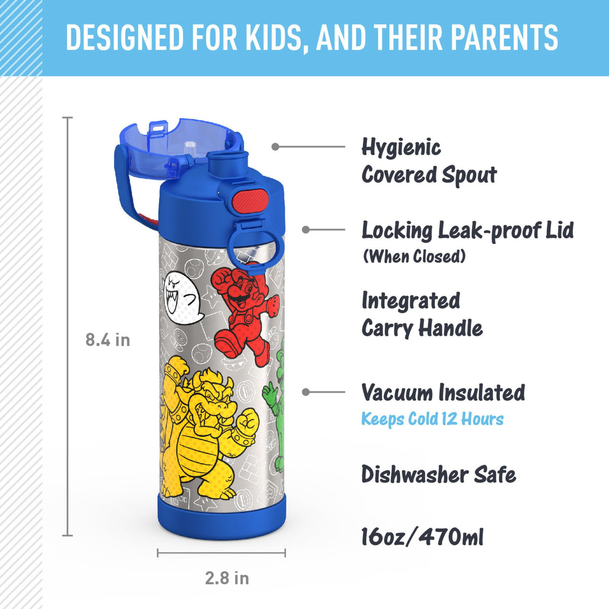 THERMOS FUNtainer durable stainless steel construction resists drops, Mario edition.