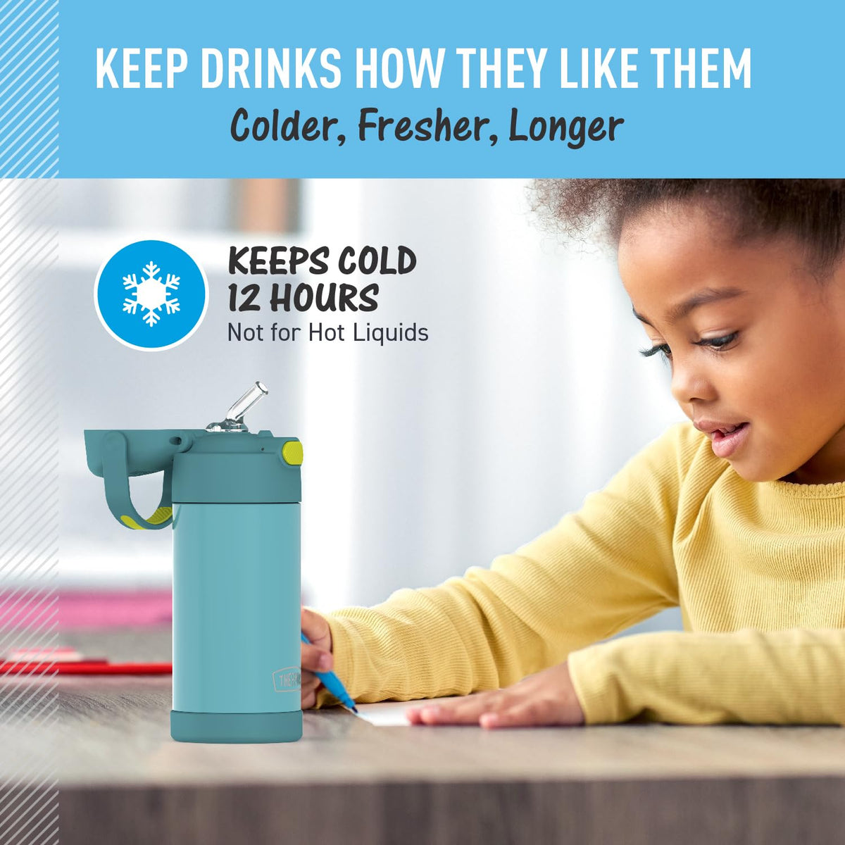 THERMOS FUNtainer durable stainless steel body resists drops and dings during play.