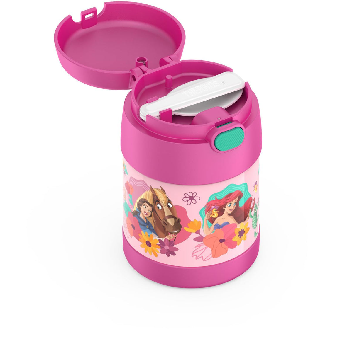 THERMOS Funtainer foldable spoon attached to lid for mess-free dining.