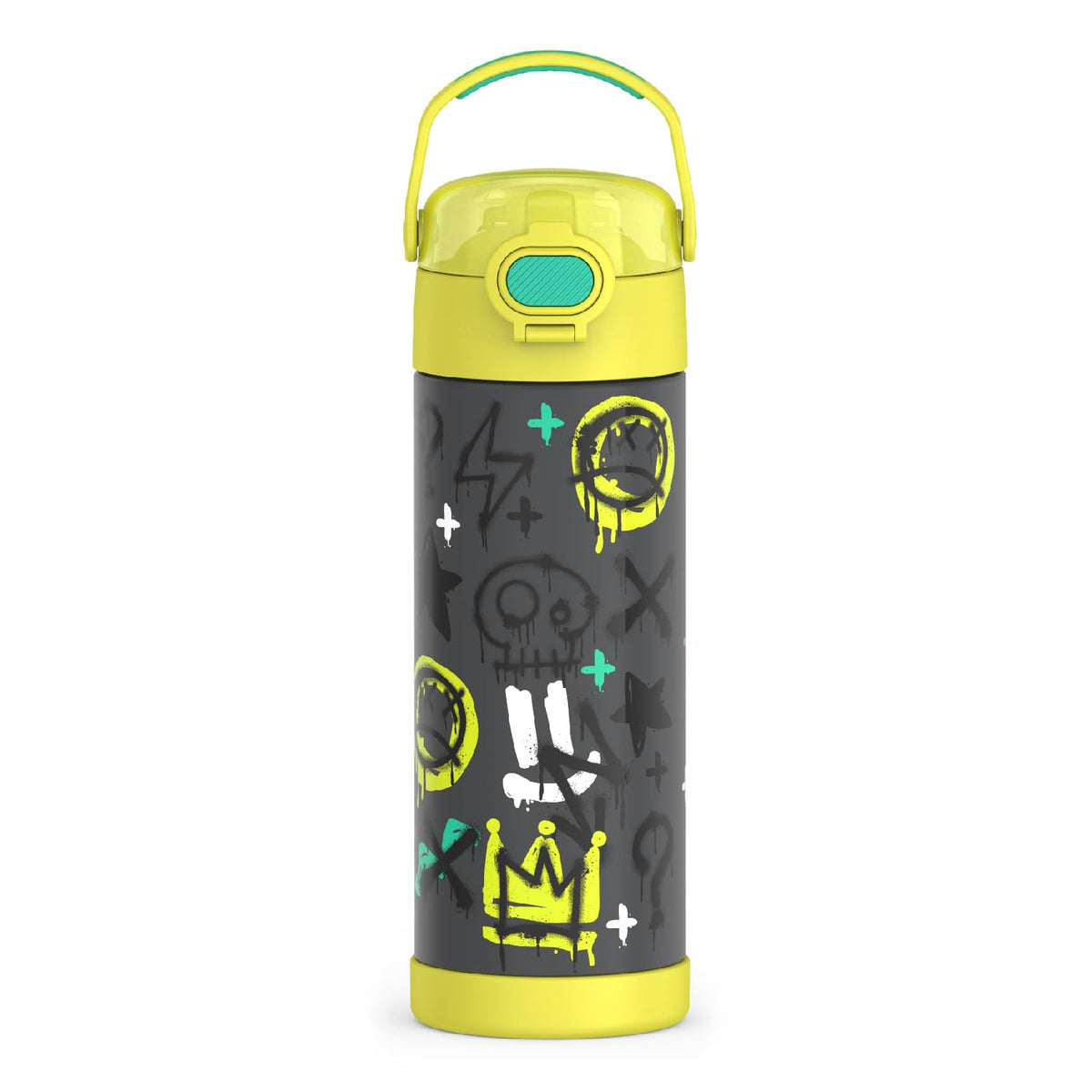 THERMOS FUNtainer graffiti boy front view shows bold design for kids' hydration.