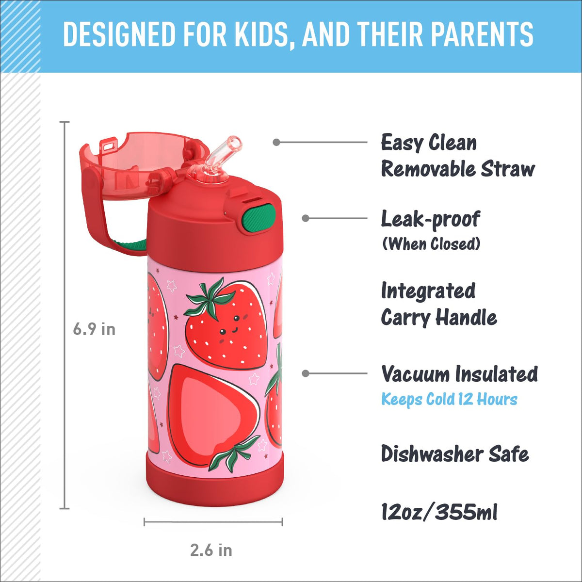 THERMOS FUNTAINER handle with soft-touch grip for easy kid use.