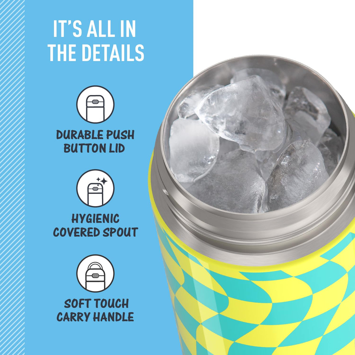THERMOS FUNTAINER teal bottle with hygienic covered spout promotes on-the-go hygiene.