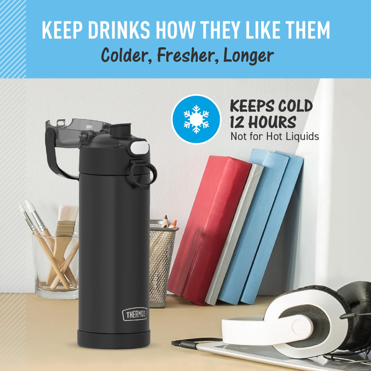 THERMOS FUNTAINER hygienic covered spout helps minimize germ contact.