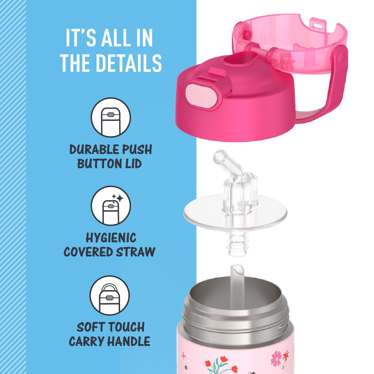 THERMOS FUNtainer hygienic covered straw helps easy cleaning and sanitation.