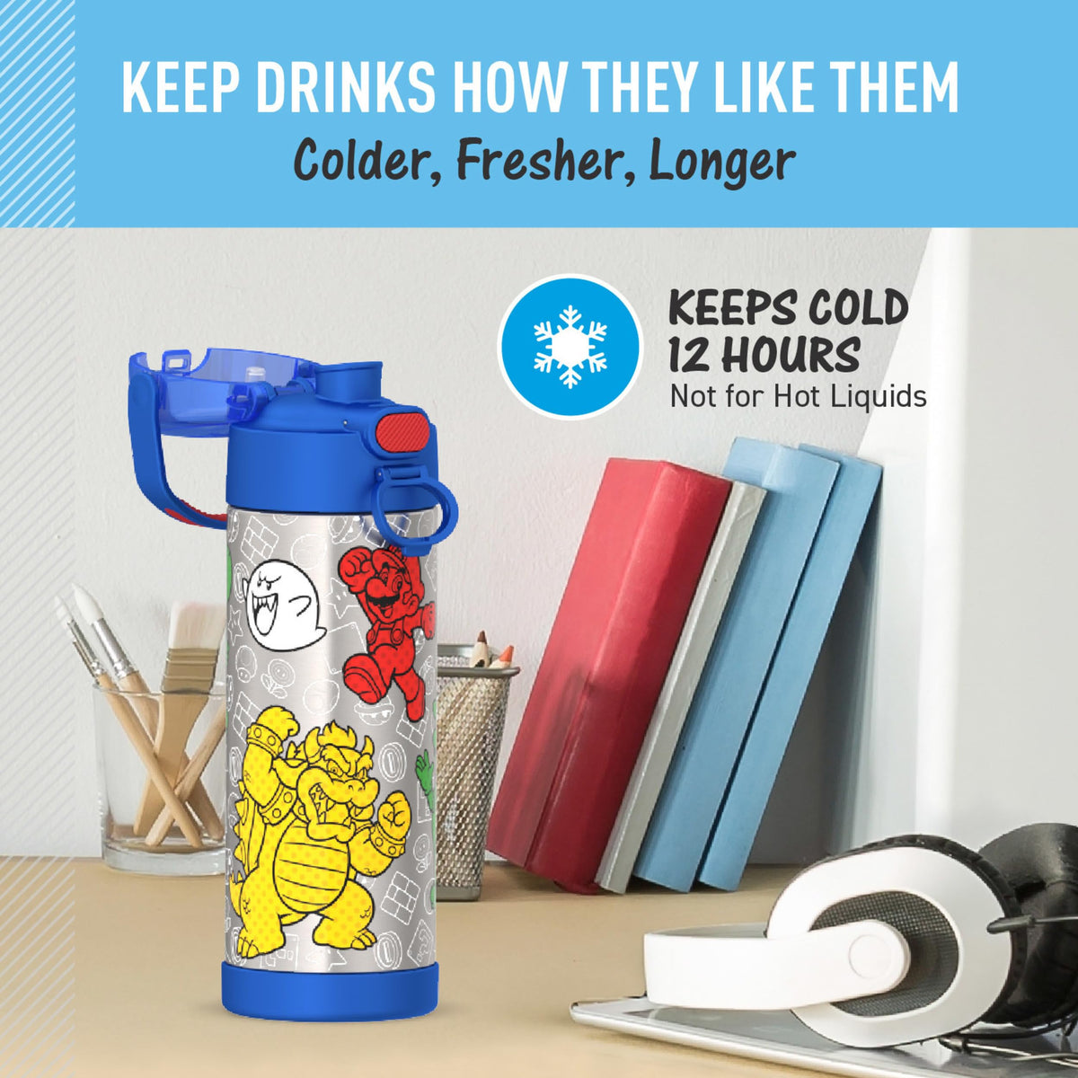 THERMOS FUNtainer hygienic spout cover, Mario edition, helps reduce germ transfer.