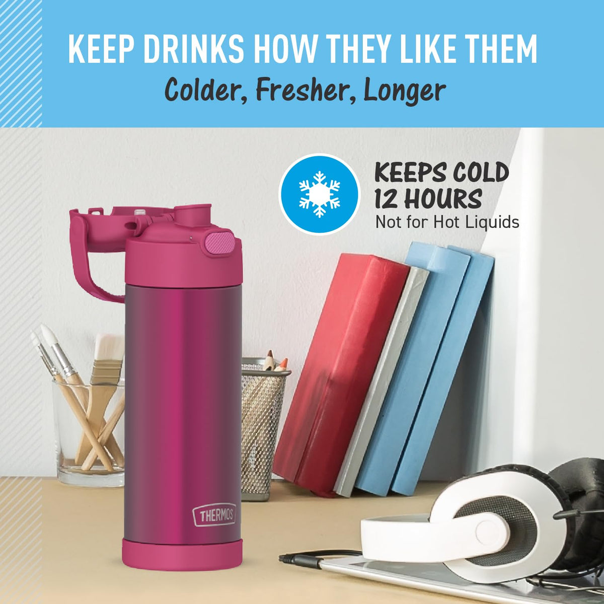 THERMOS FUNTAINER hygienic covered spout to reduce germs during beverages.