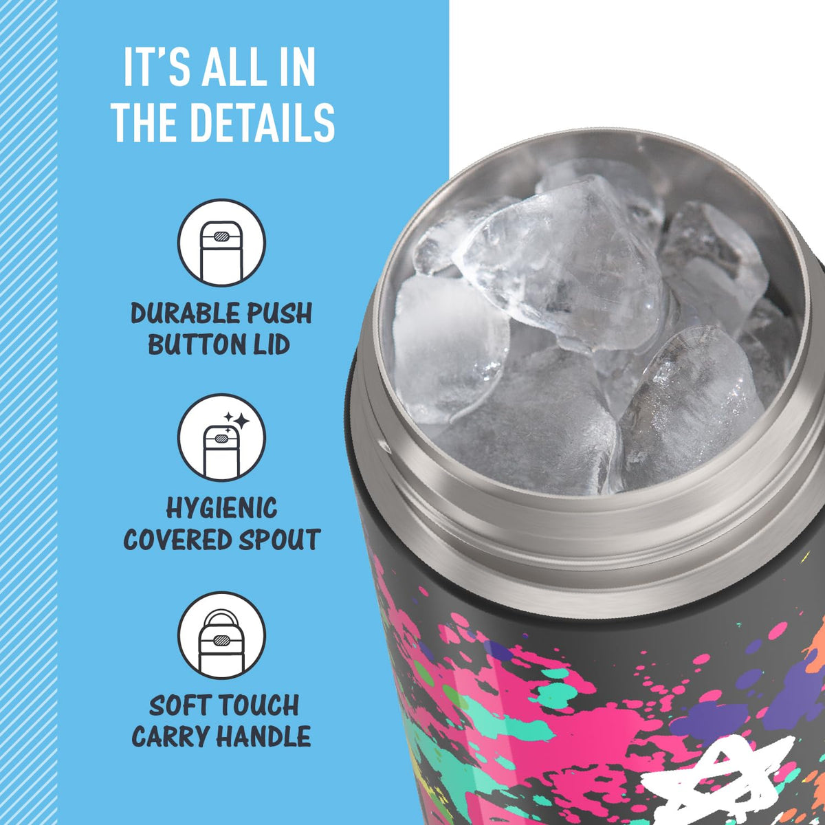 THERMOS FUNtainer hygienic spout cover helps keep germs away.