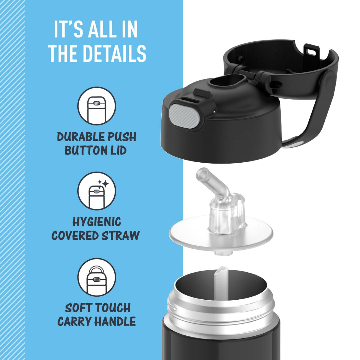Thermos FUNtainer hygienic straw cover, removable for simple cleaning and hygienic sipping.