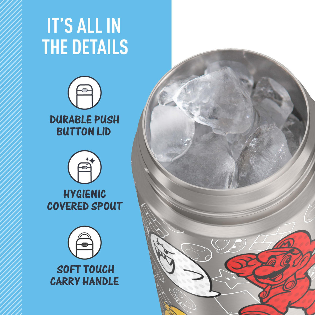 THERMOS FUNtainer integrated carry handle with soft-touch grip, Mario edition, easy transport.