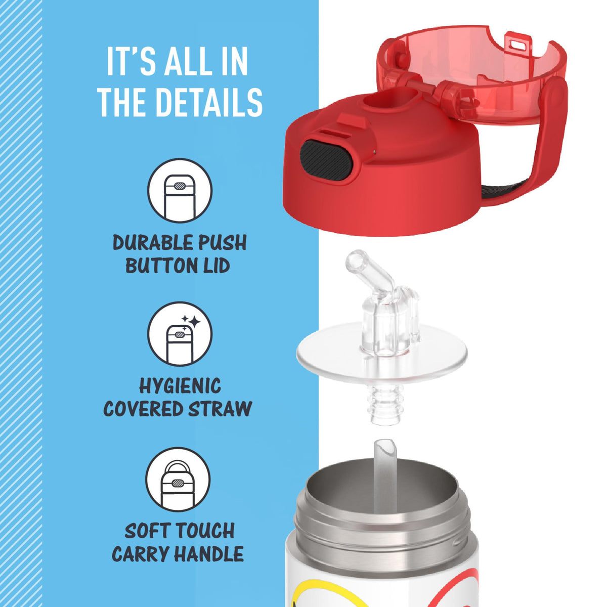 THERMOS FUNtainer integrated carry handle with soft-touch grip for easy kid transport