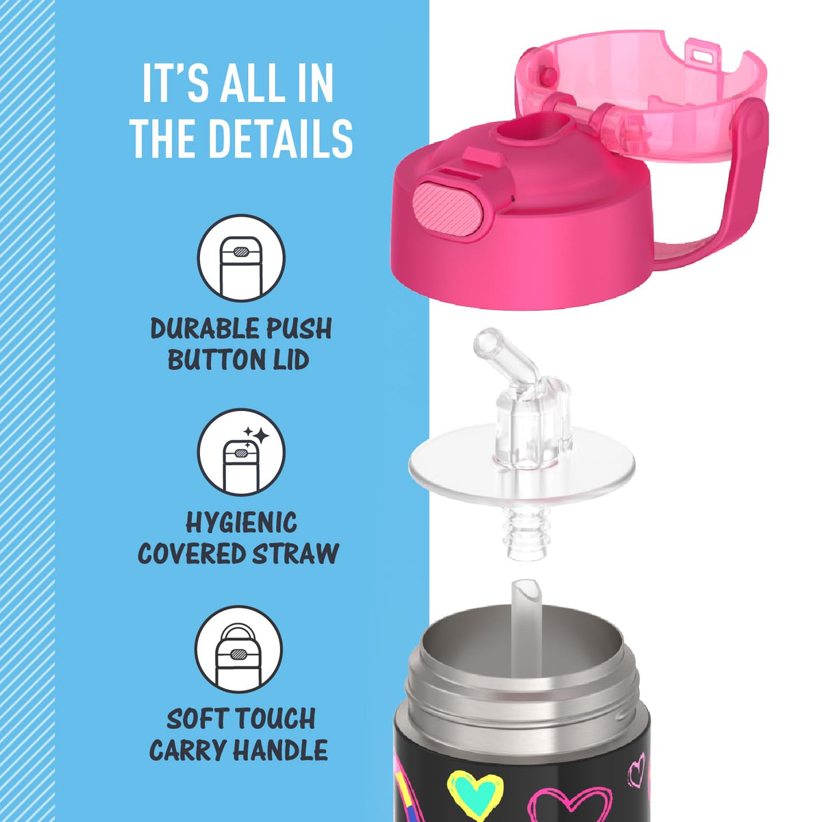 THERMOS FUNTainer integrated carry handle with soft touch grip.