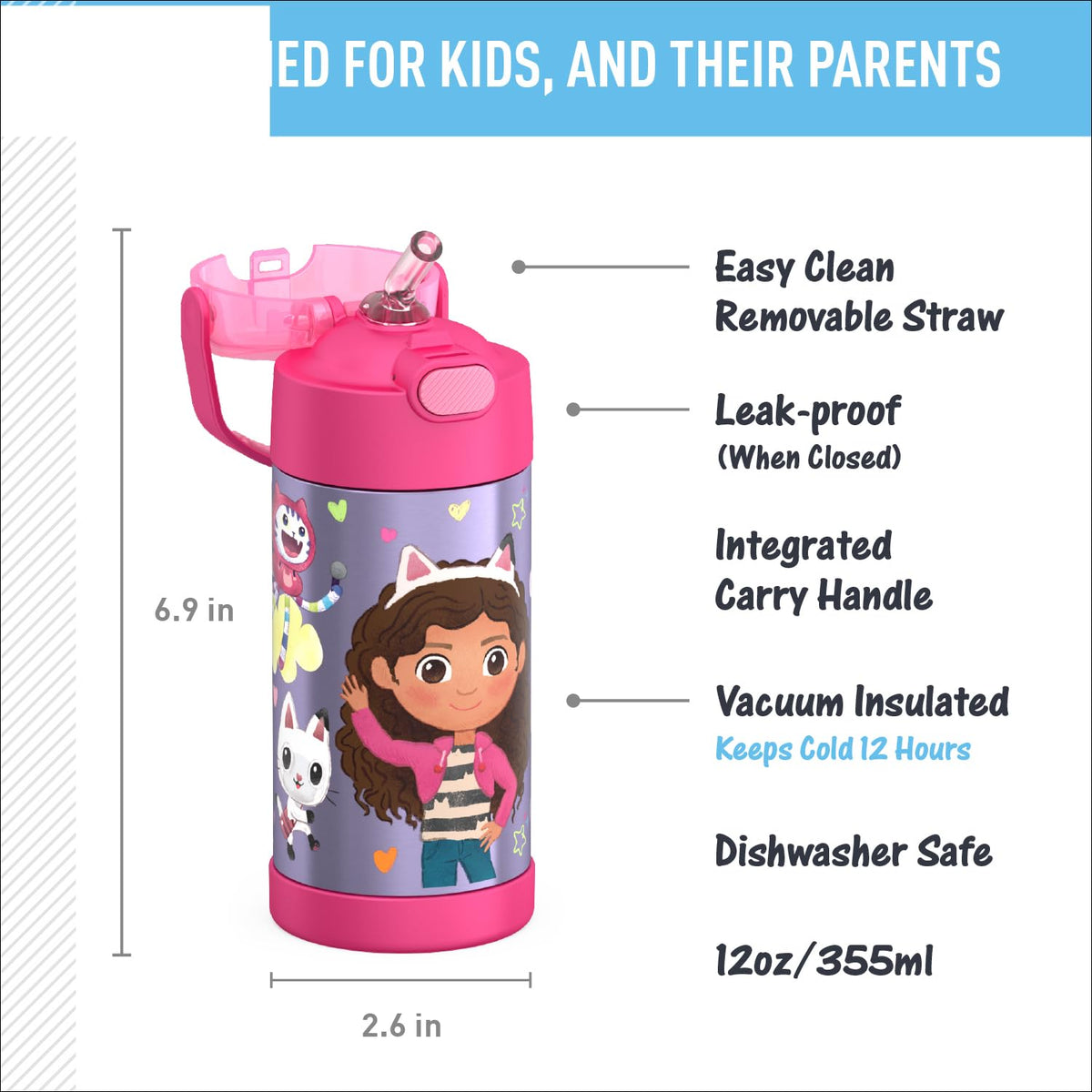 THERMOS FunTainer with carry handle enables easy transport for school and outings.