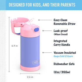 Thermos FUNTAINER kid-friendly lid with push-button and soft-grip handle for easy transport.