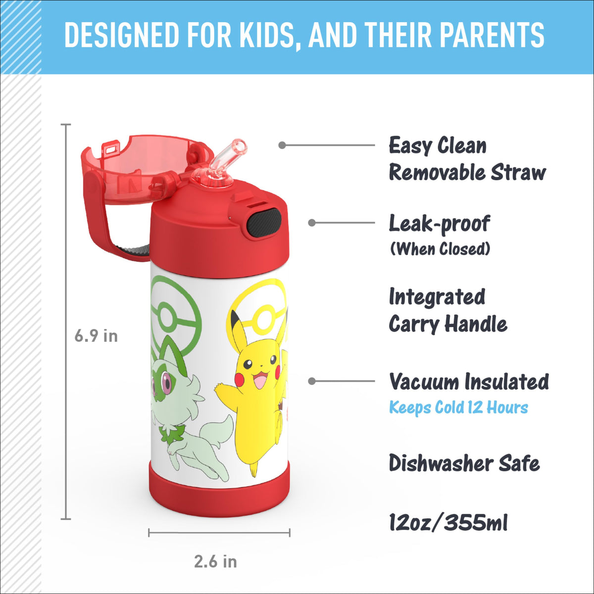 THERMOS FUNtainer kid-friendly lid with push button for easy access at school