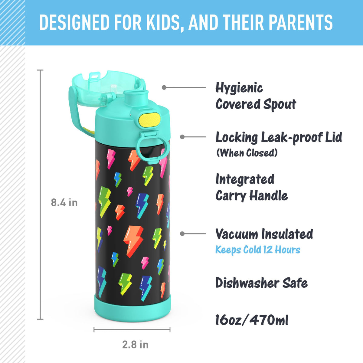 THERMOS FUNTAINER with Lightning Bolt Girl graphic to spark kid hydration.