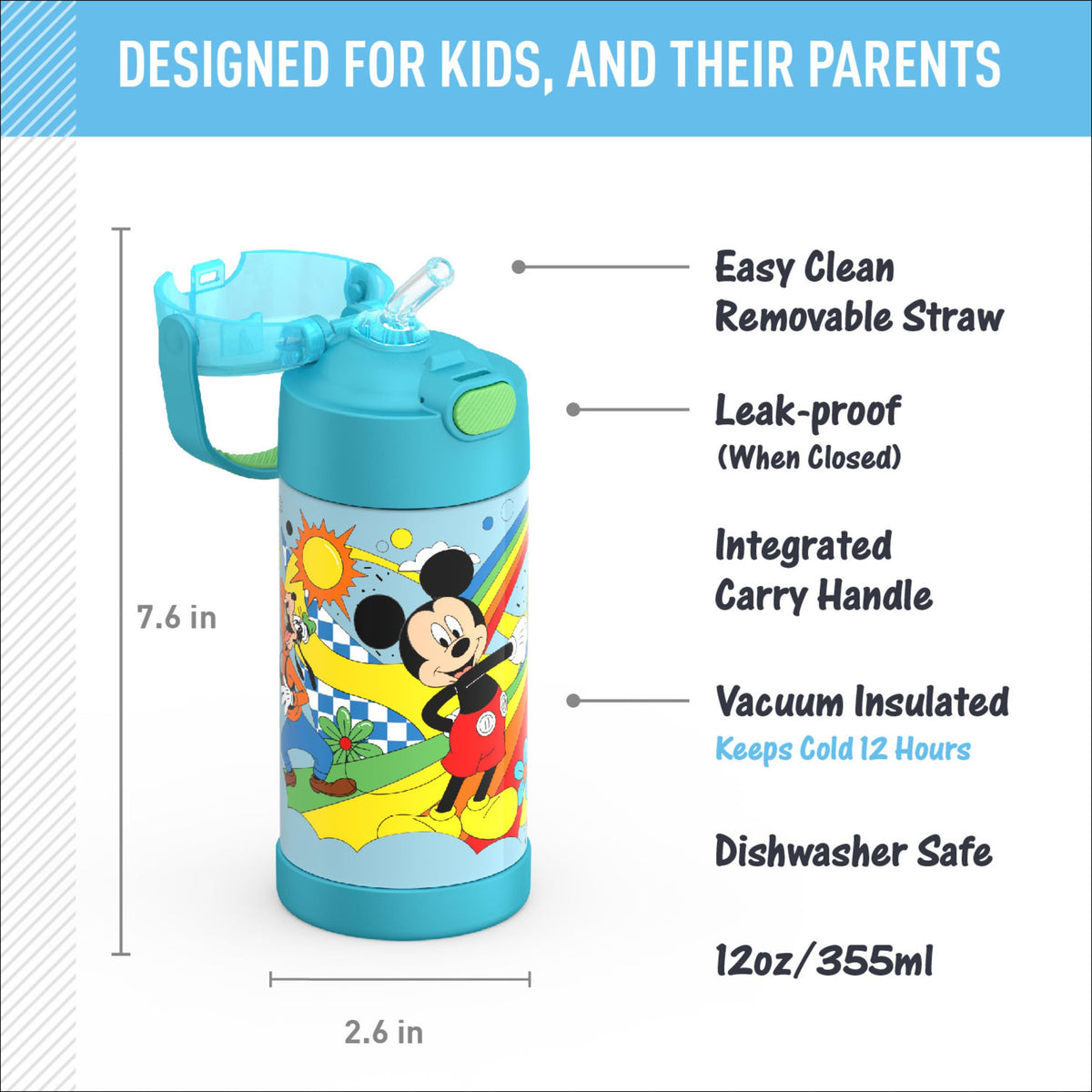 THERMOS FUNtainer Mickey carry-handle view highlighting portable design for school days.