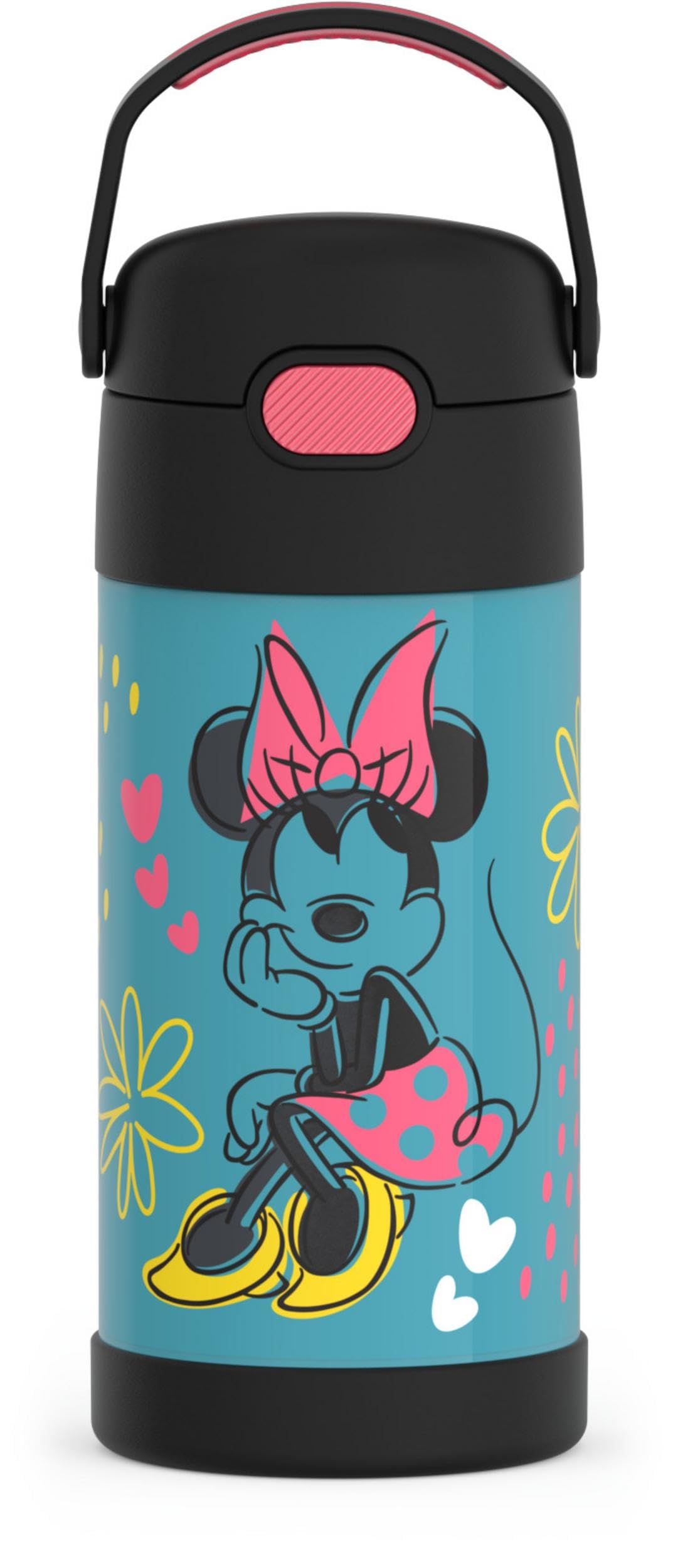 THERMOS FUNtainer Minnie Mouse bottle front view keeps drinks cold on the go.