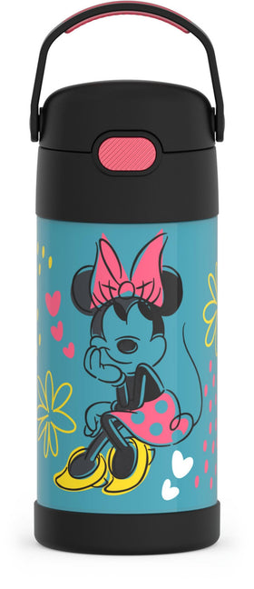 THERMOS FUNtainer Minnie Mouse bottle front view keeps drinks cold on the go.