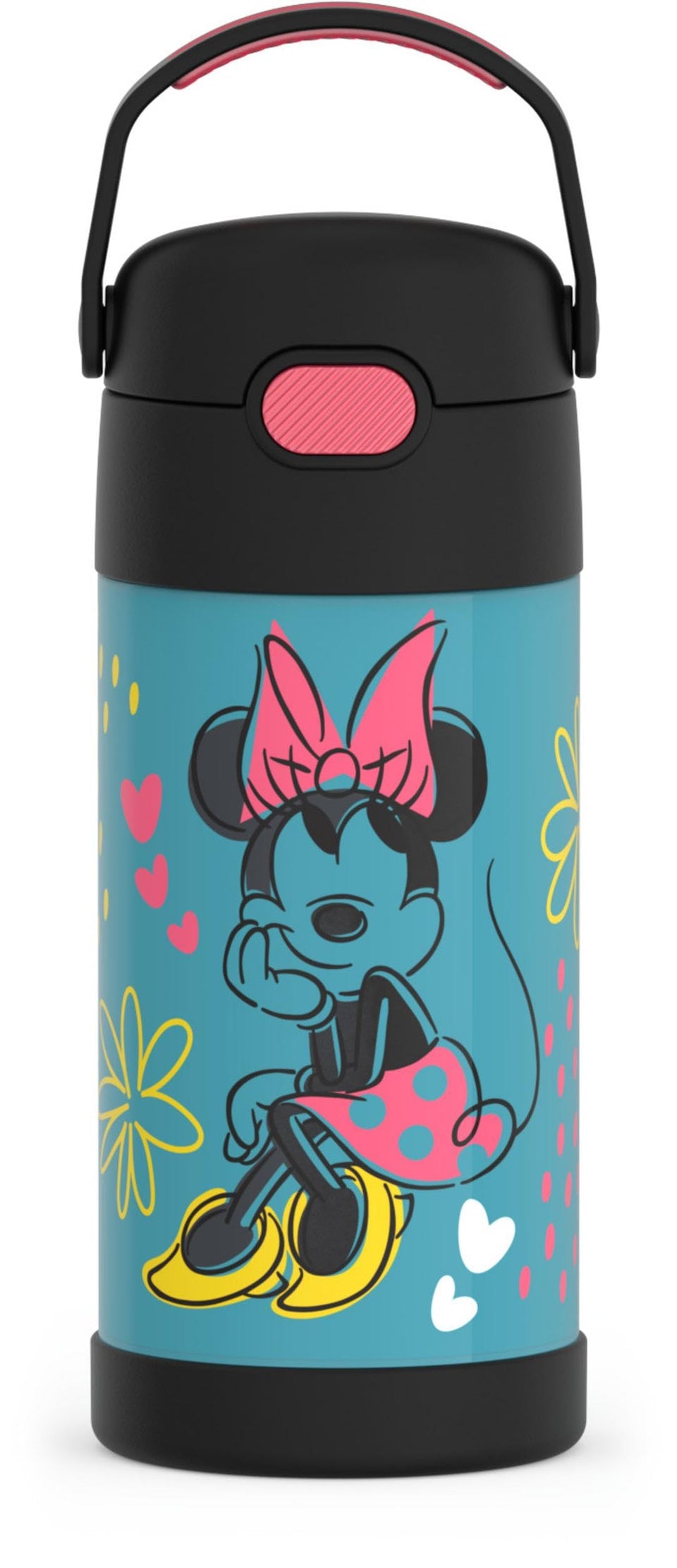 THERMOS FUNtainer Minnie Mouse bottle front view keeps drinks cold on the go.
