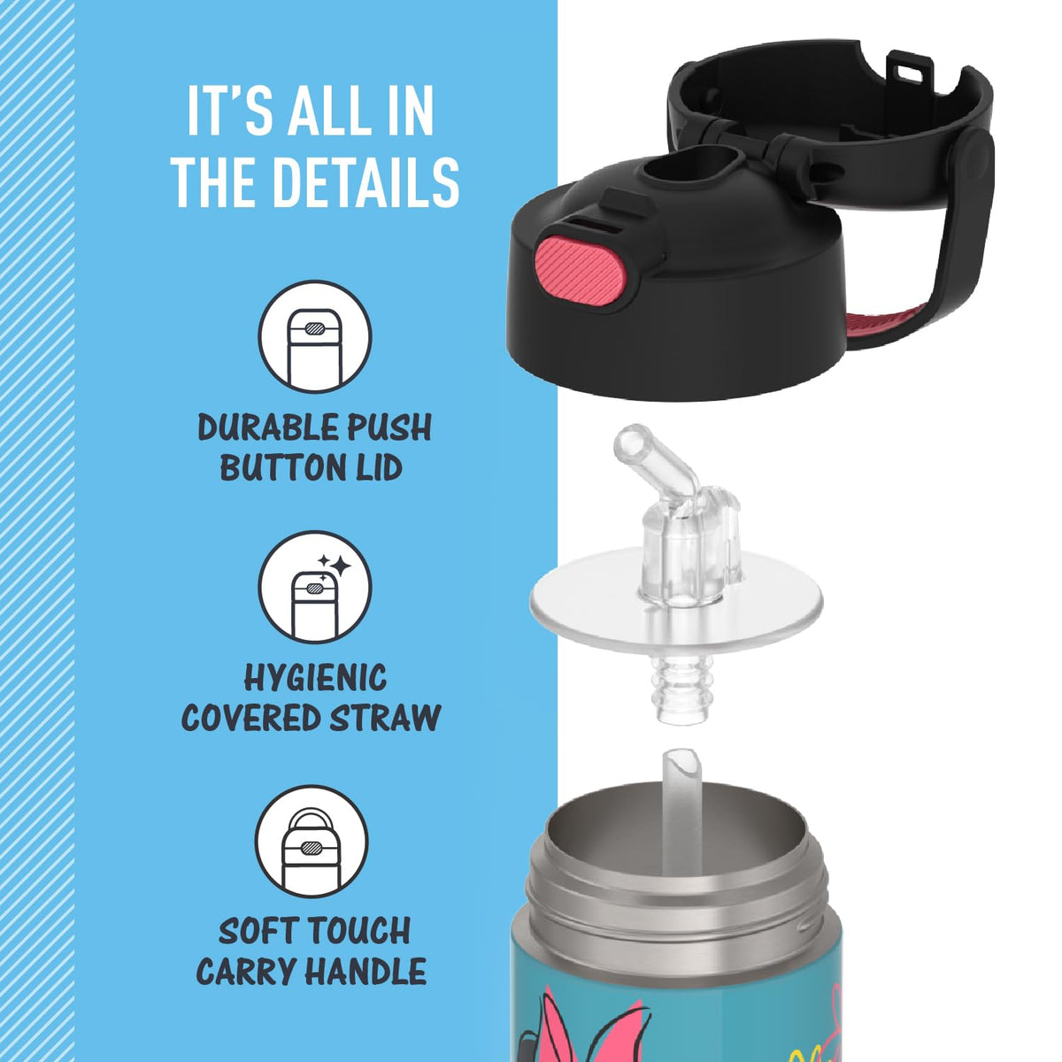 THERMOS FUNtainer Minnie Mouse straw removable for easy cleaning.