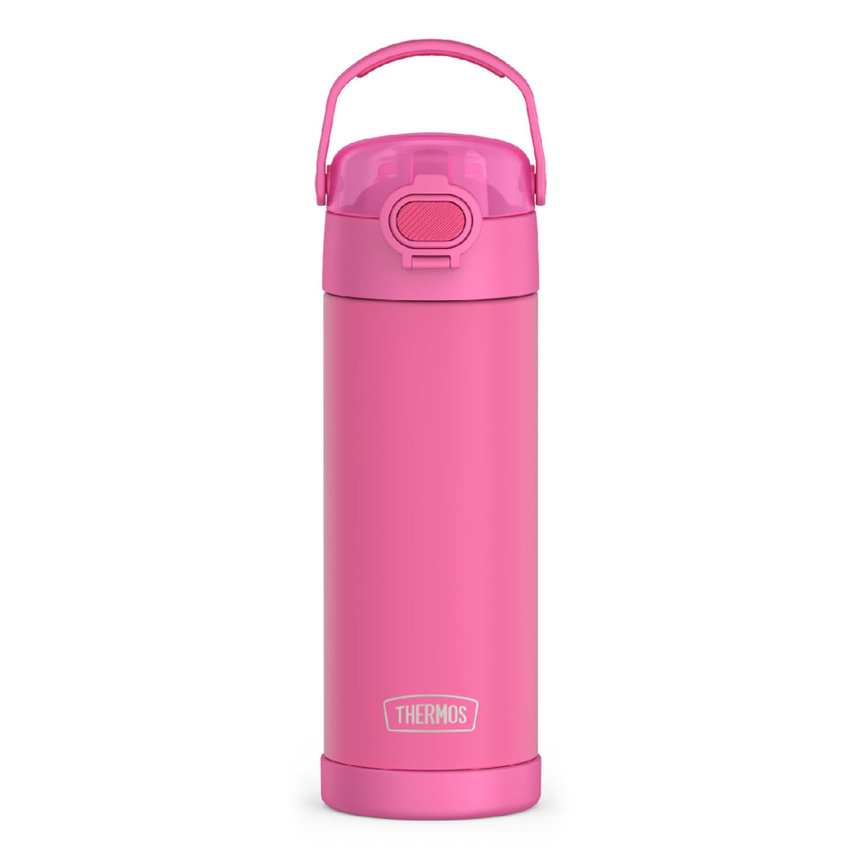 THERMOS FunTainer neon pink bottle front view highlighting playful design and cooling capability