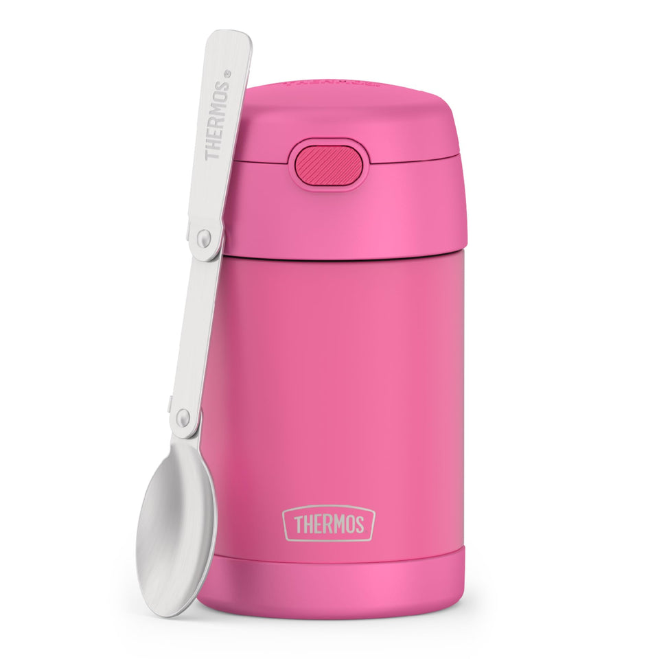 THERMOS FUNTAINER neon pink full view highlighting the compact, durable stainless steel body.