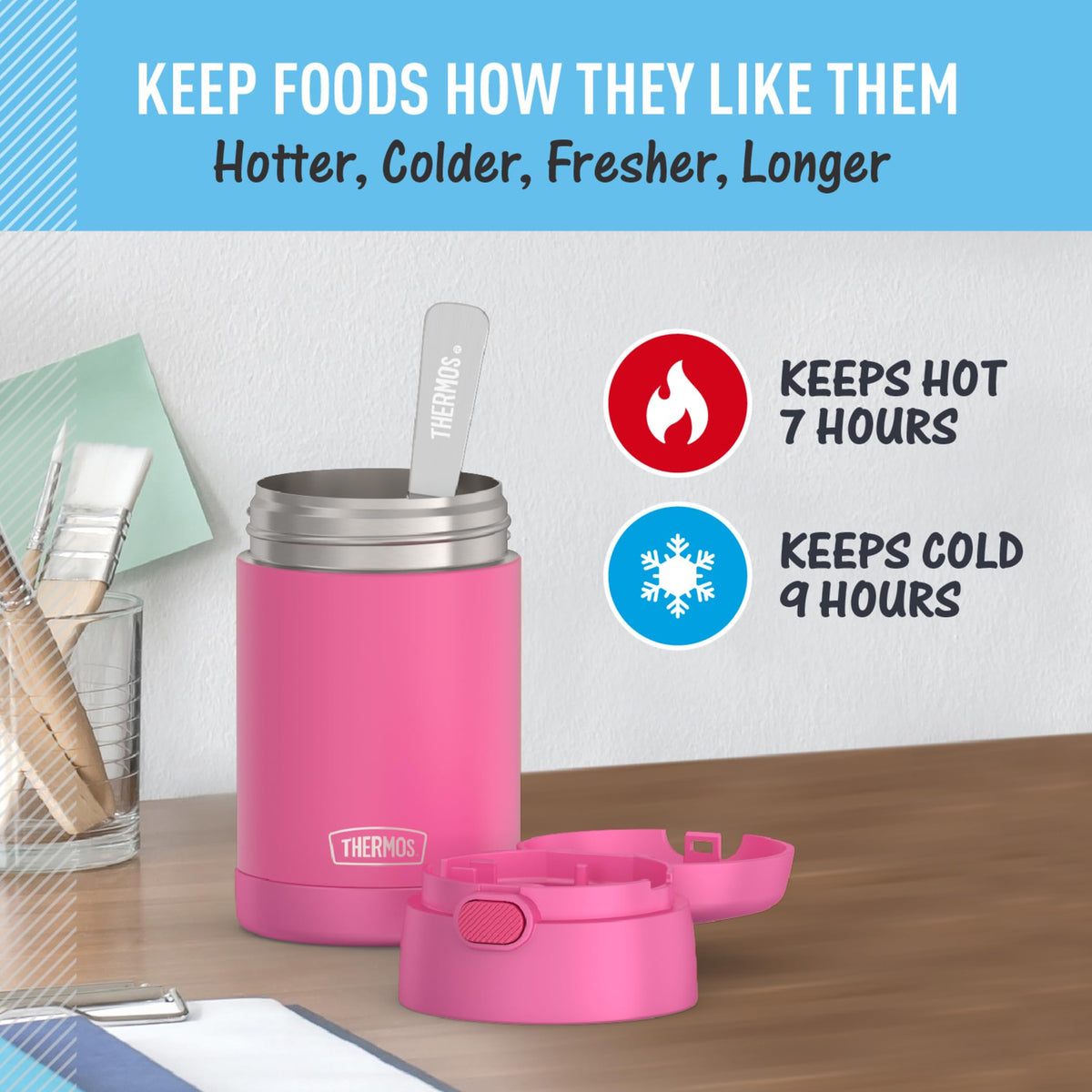 THERMOS FUNTAINER neon pink interior view with 16-ounce capacity demonstration.