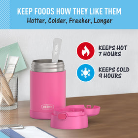 THERMOS FUNTAINER neon pink interior view with 16-ounce capacity demonstration.