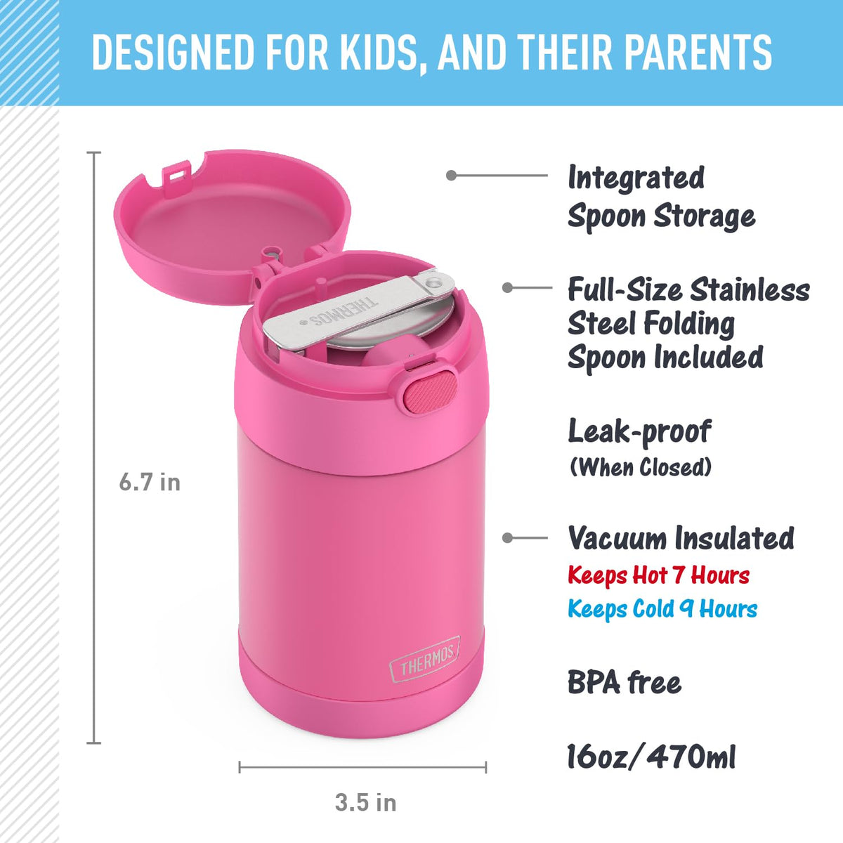 THERMOS FUNTAINER neon pink lid open showing convenient access for kids.