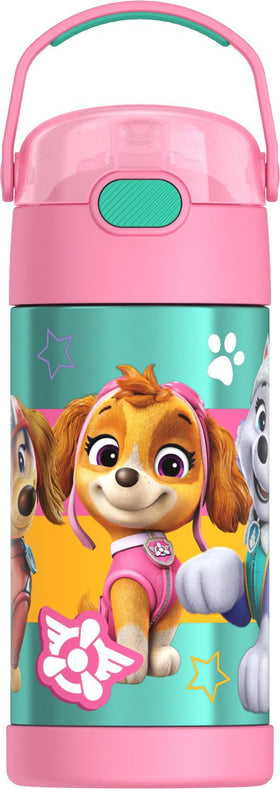 THERMOS FUNTainer Paw Patrol Girl bottle front view highlights durable stainless steel and kid-friendly design