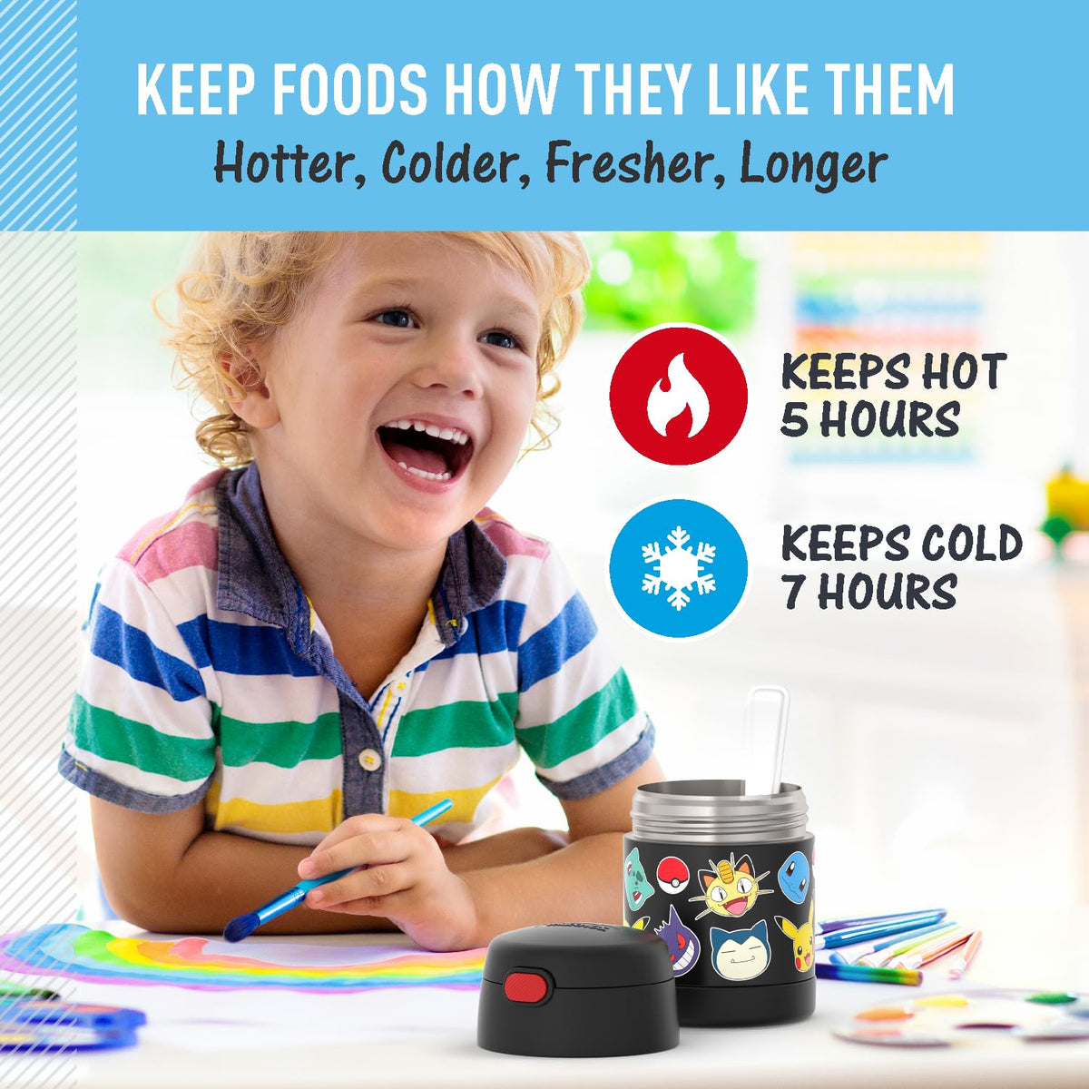 THERMOS FUNtainer Pokemon with yogurt and berries illustrating cold snack freshness.