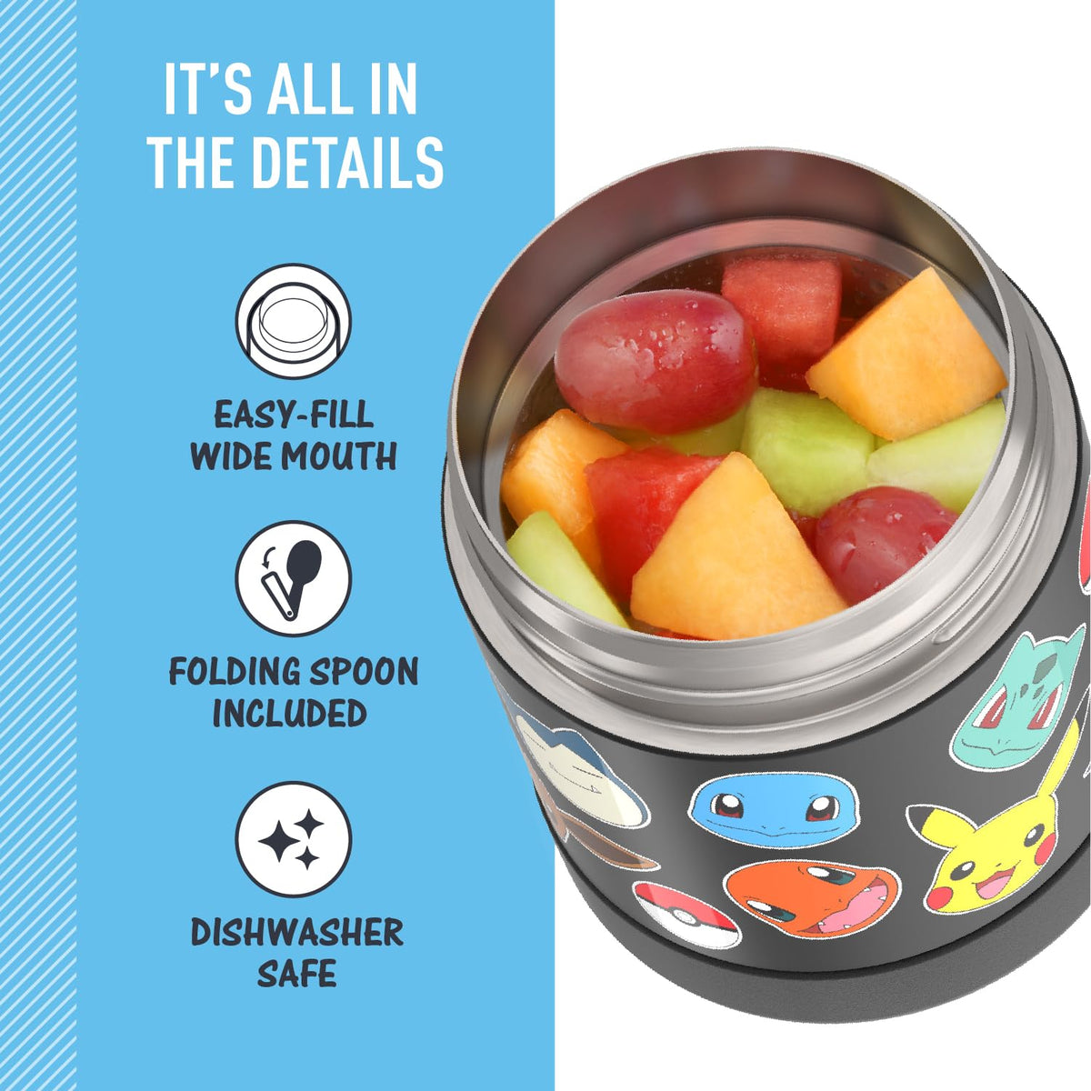 THERMOS FUNtainer Pokemon filled with soup demonstrating heat retention for lunch.