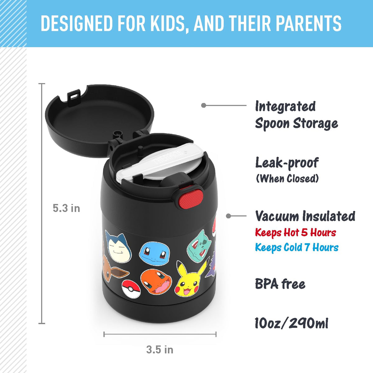 THERMOS FUNtainer Pokemon push-button lid for easy opening by children.