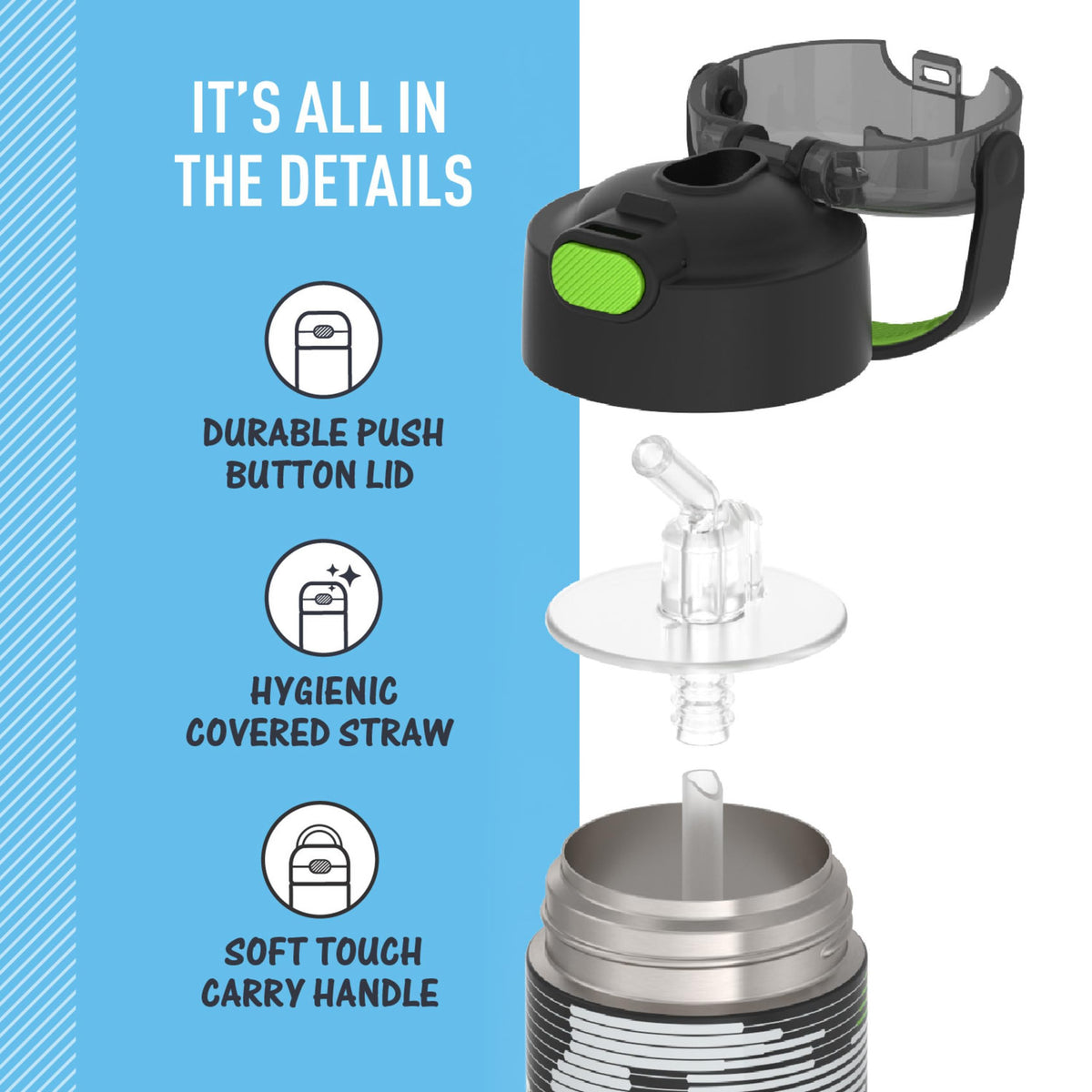 THERMOS FUNTAINER push-button lid provides quick, easy access