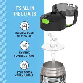 THERMOS FUNTAINER push-button lid provides quick, easy access