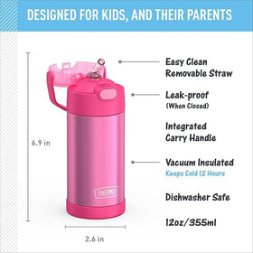 THERMOS FUNTAINER pink bottle with push-button lid, easy for kids on the go