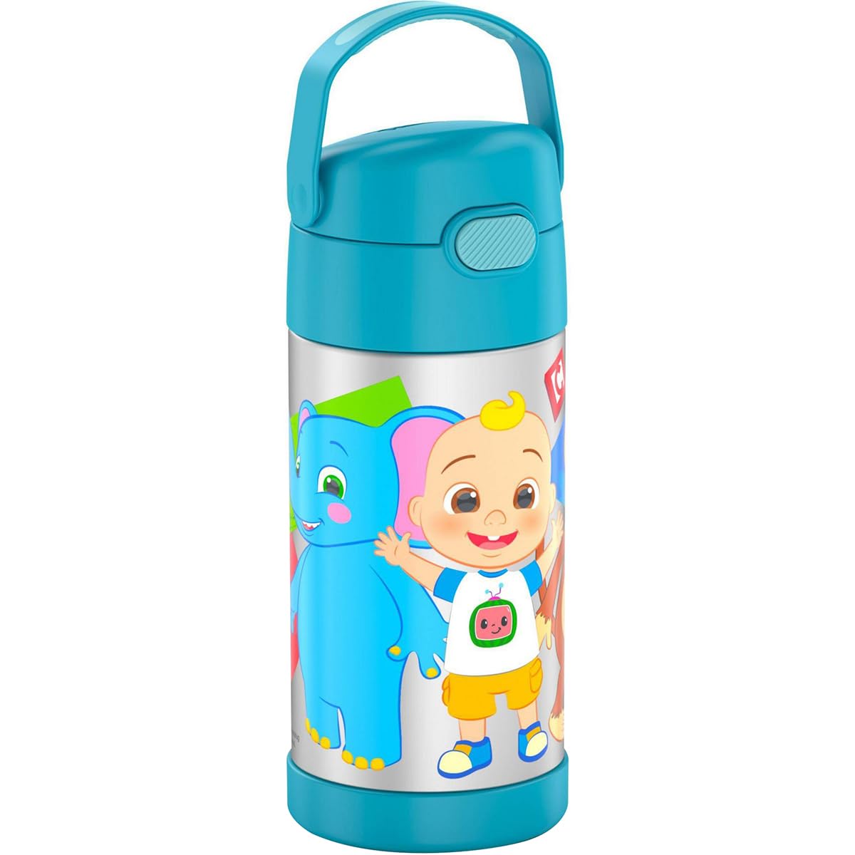 THERMOS FUNTAINER push-button lid with soft-grip handle for easy carrying.