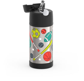 THERMOS FUNTAINER 12-ounce bottle highlights push-button lid with straw for easy sipping.
