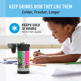 THERMOS FUNtainer push-button lid enables easy one-handed opening for kids.