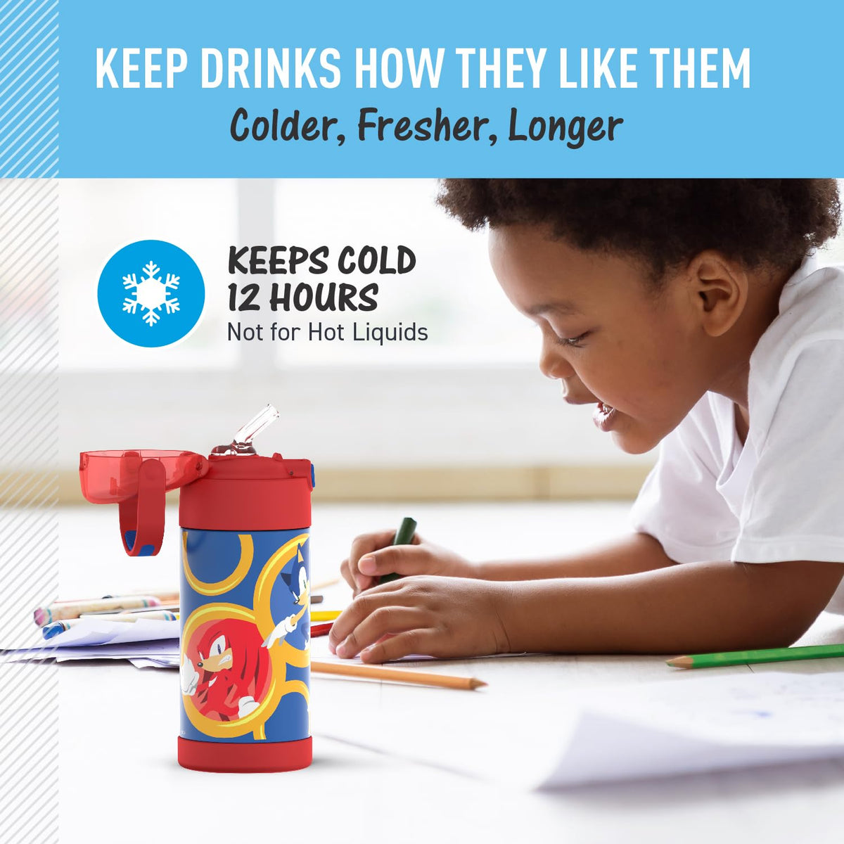 THERMOS FUNTAINER push-button lid provides simple, secure one-handed opening for kids.
