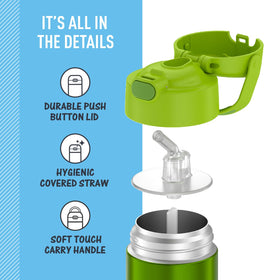 THERMOS FUNtainer push-button lid: quick access for hydration between activities