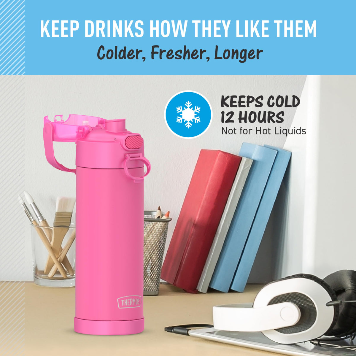 THERMOS FunTainer push-button spout for quick, clean openings