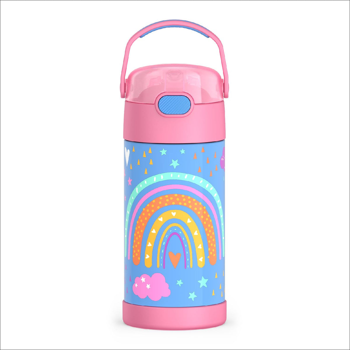 THERMOS FUNTAINER Rainbow Dreams bottle close-up shows vibrant color and cold-drink capability.