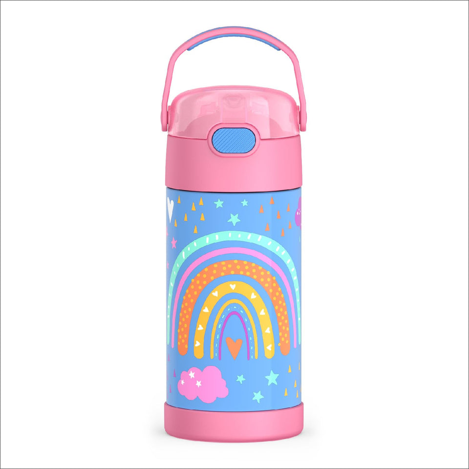 THERMOS FUNTAINER Rainbow Dreams bottle close-up shows vibrant color and cold-drink capability.