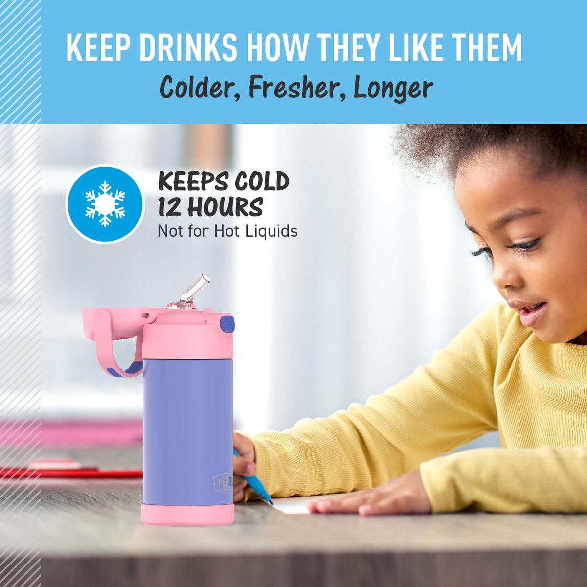 Thermos FUNTAINER purple-pink design adds visibility and appeal for kids.