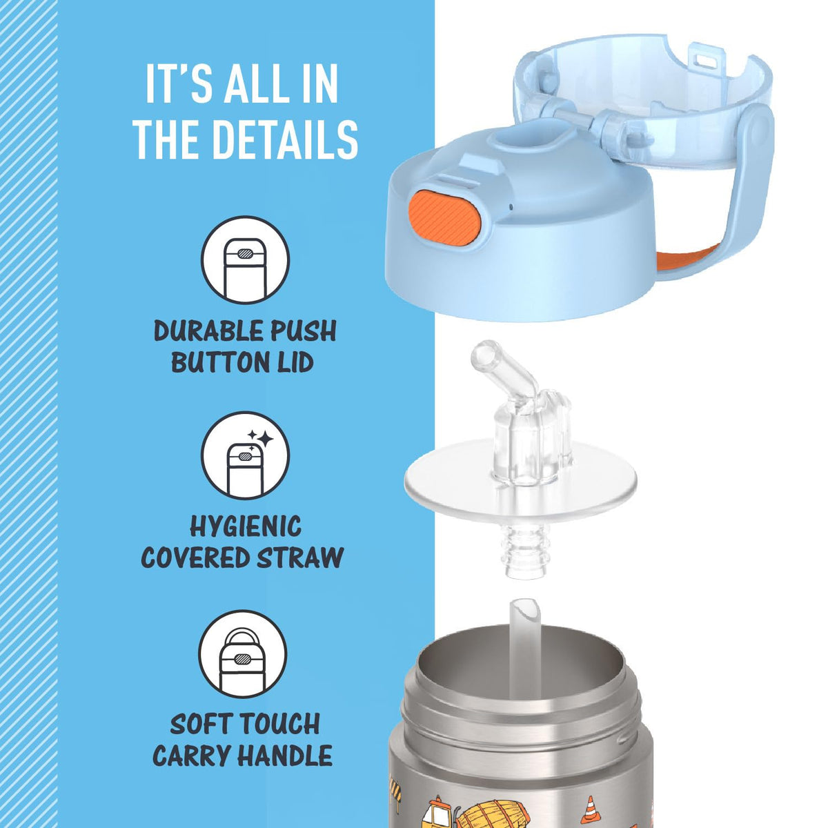 THERMOS FUNtainer with removable silicone straw for quick cleaning after activities.
