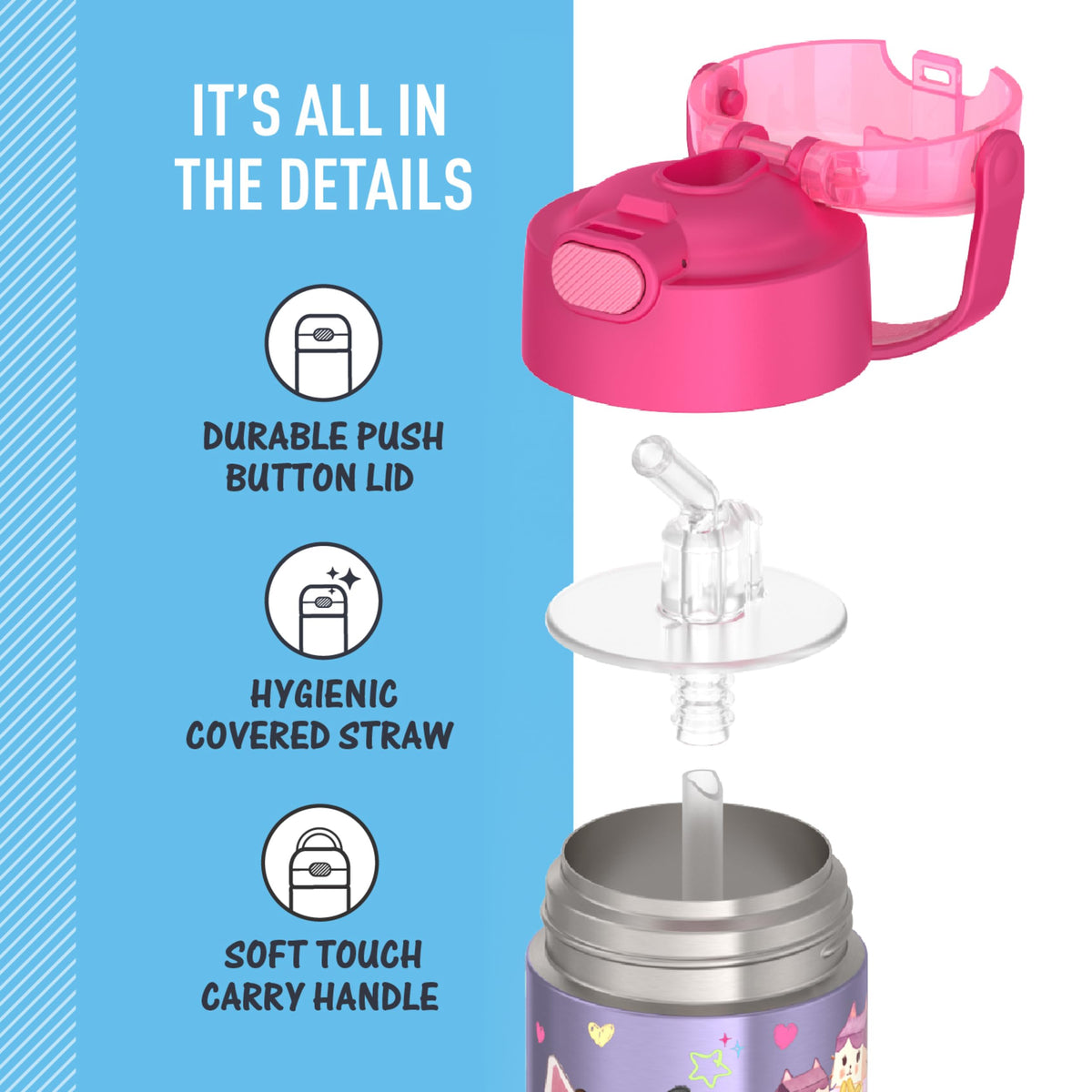 Removable silicone straw for quick cleaning after meals.