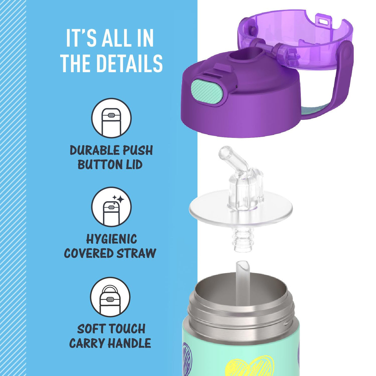 THERMOS Funtainer bottle features removable, hygienic straw for quick cleaning.