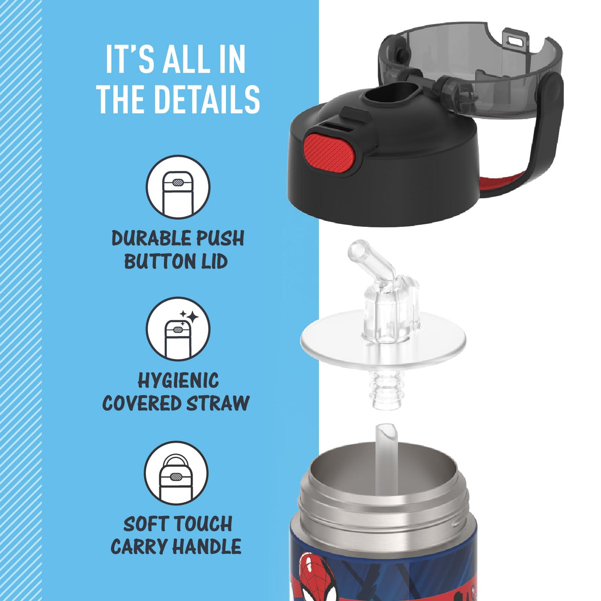 THERMOS FUNtainer soft-grip carry handle simplifies transport for kids.